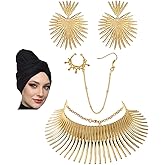 MEDOJO African Jewelry Set for Women Head Wrap Tooth Collar Choker Open Wrist Cuff Nose Ring Hoop Chain Earrings Gold Statement African Costume Accessories