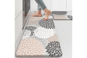 COLLIVE Kitchen Rugs and Mats Cushioned Anti Fatigue Kitchen Mat 2PCS Non-Skid Waterproof Boho Kitchen Runner Rug Comfort Foam Standing Mat for Office,Laundry,Kitchen Sink,Grey Floral