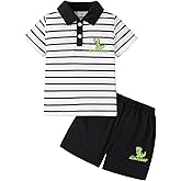 FRCLHWA Toddler Boy Shorts Set Striped Button-Up Polo Shirts and Elastic Waist Shorts Summer Outfits