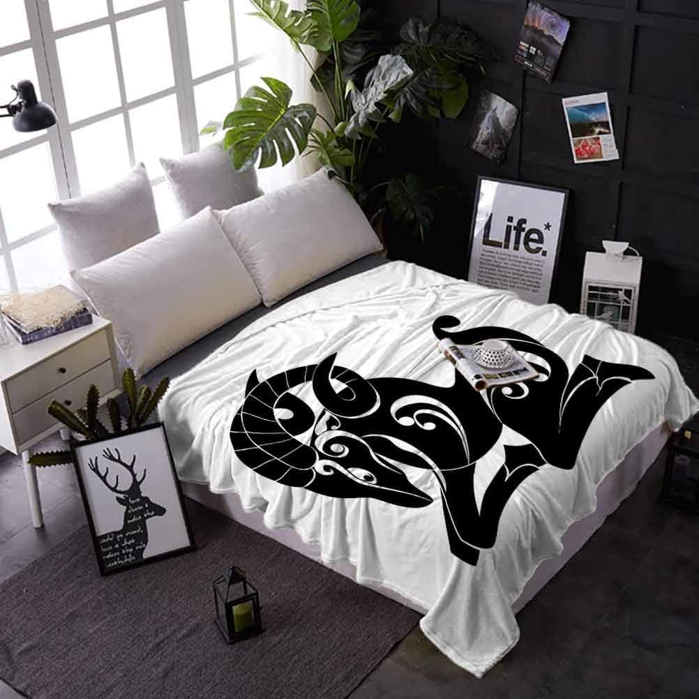 carmaxs Plush Blanket Zodiac Aries Custom Blanket for Couch Bed Sofa Abstract Monochrome Goat Figure Swirled Horns and Floral Curly Details 70 x 90 Inches Black and White