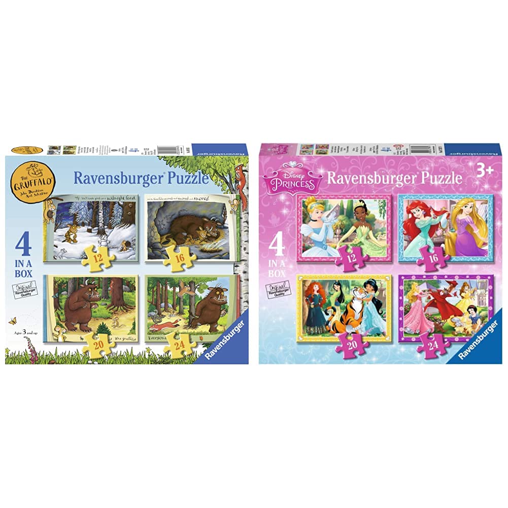 Ravensburger The Gruffalo 4 in Box (12, 16, 20, 24 Pieces) Jigsaw Puzzles for Kids Age 3 Years Up & Disney Princess-4 in Box (12, 16, 20, 24 Piece) Jigsaw Puzzles For Kids Age 3 Years and Up