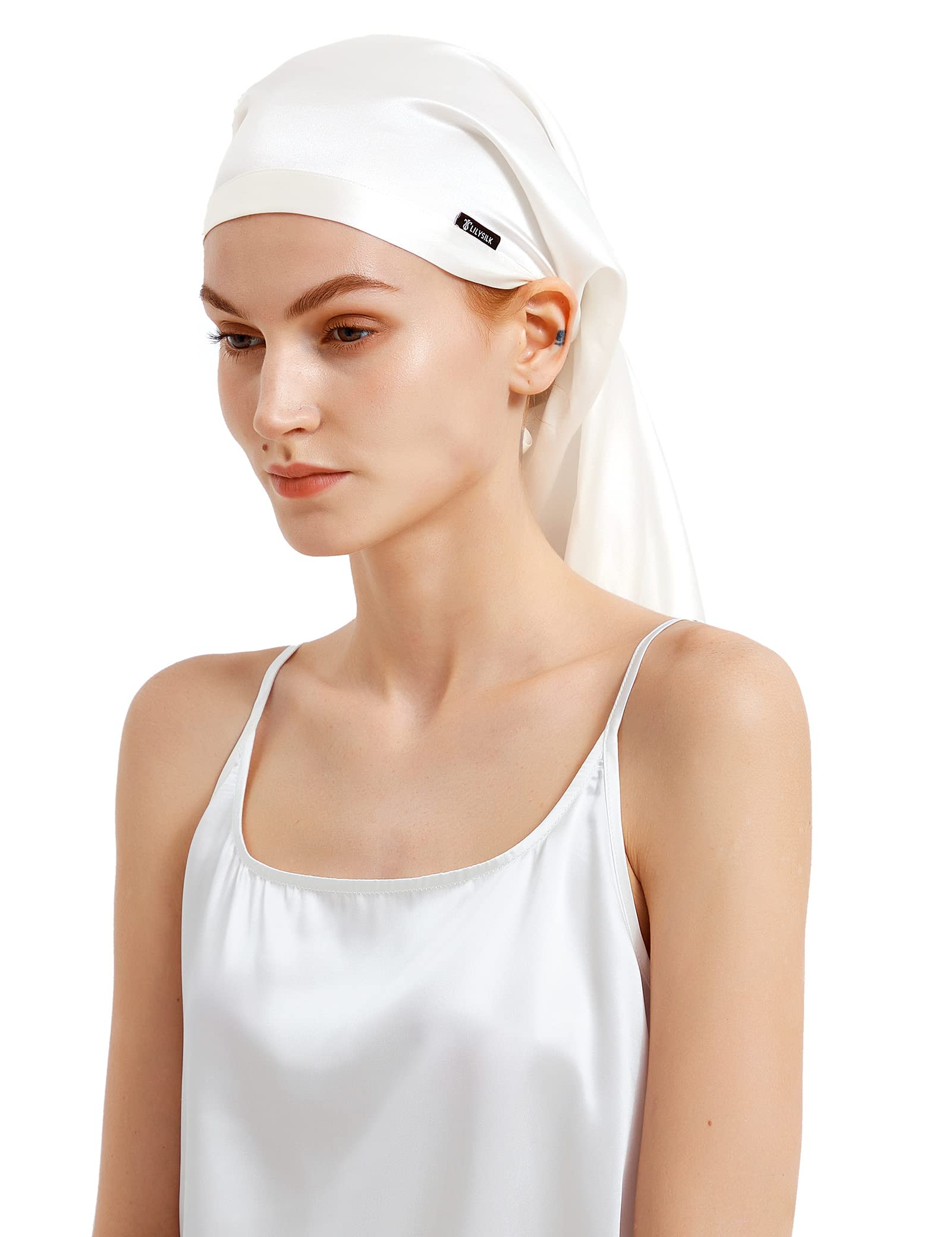 LilySilk Mulberry Silk Sleep Cap 100% 19 Momme Long Silk Bonnet for Curly Hair, Night Cap for Sleeping, Silk Hair Wrap for Women Ivory