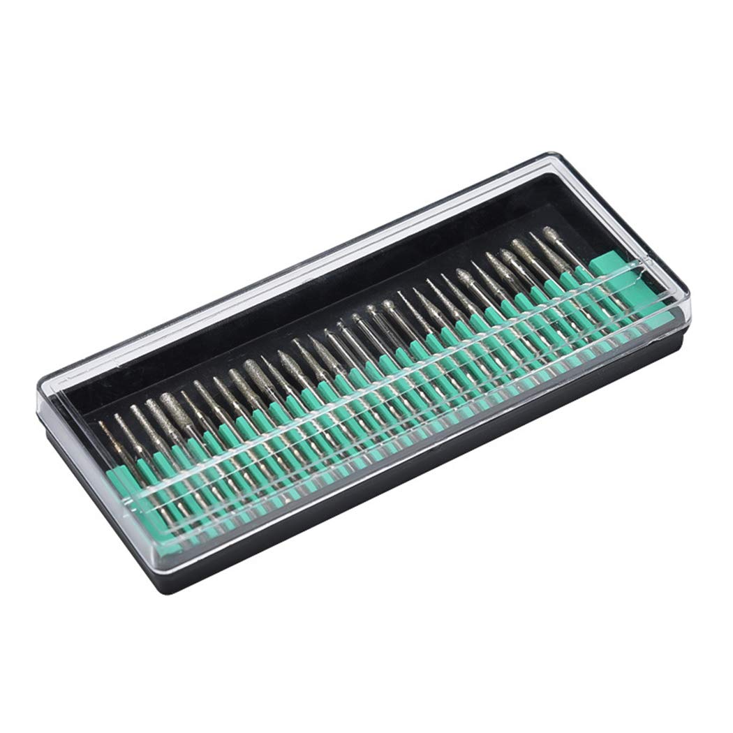 Wisfor 30 Pieces Diamond Grinding Head, 2.35mm Shank Burr Rotary Set 10 Shapes, Fits Dremel Rotary Tools for Carving Metal, Glass, Ceramics, Jewellery, Stone