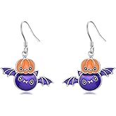 Dorunmo Halloween Earrings for Women 925 Sterling Silver Pumpkin Bat Black Cat Leverback Dangle Earrings Hypoallergenic Halloween Jewelry Gifts for Her