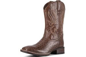 SUREWAY FULL QUILL OSTRICH Cowboy Boots For Men -Mens Square Toe Embroidery Western Boot,Oil/Slip Resistant,Durable Classic Pull on 10 Inch Wellington Boots - Soft Toe Full Grain Leather Work Boots