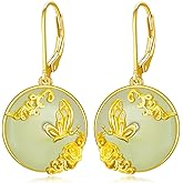 HPQQ Jade Butterfly Earrings for Women 14k Gold Plated Sterling Silver Round Butterfly Drop Dangle Earrings Jade Jewelry Birthday Gifts for Women Mom Wife