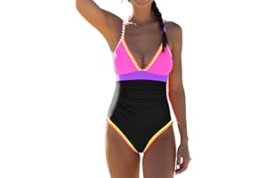 popvil Neon Color Block One Piece Bathing Suit for Women Tummy Control V Neck Swimsuit Plunge Shell Trim Swimwear Tie Back