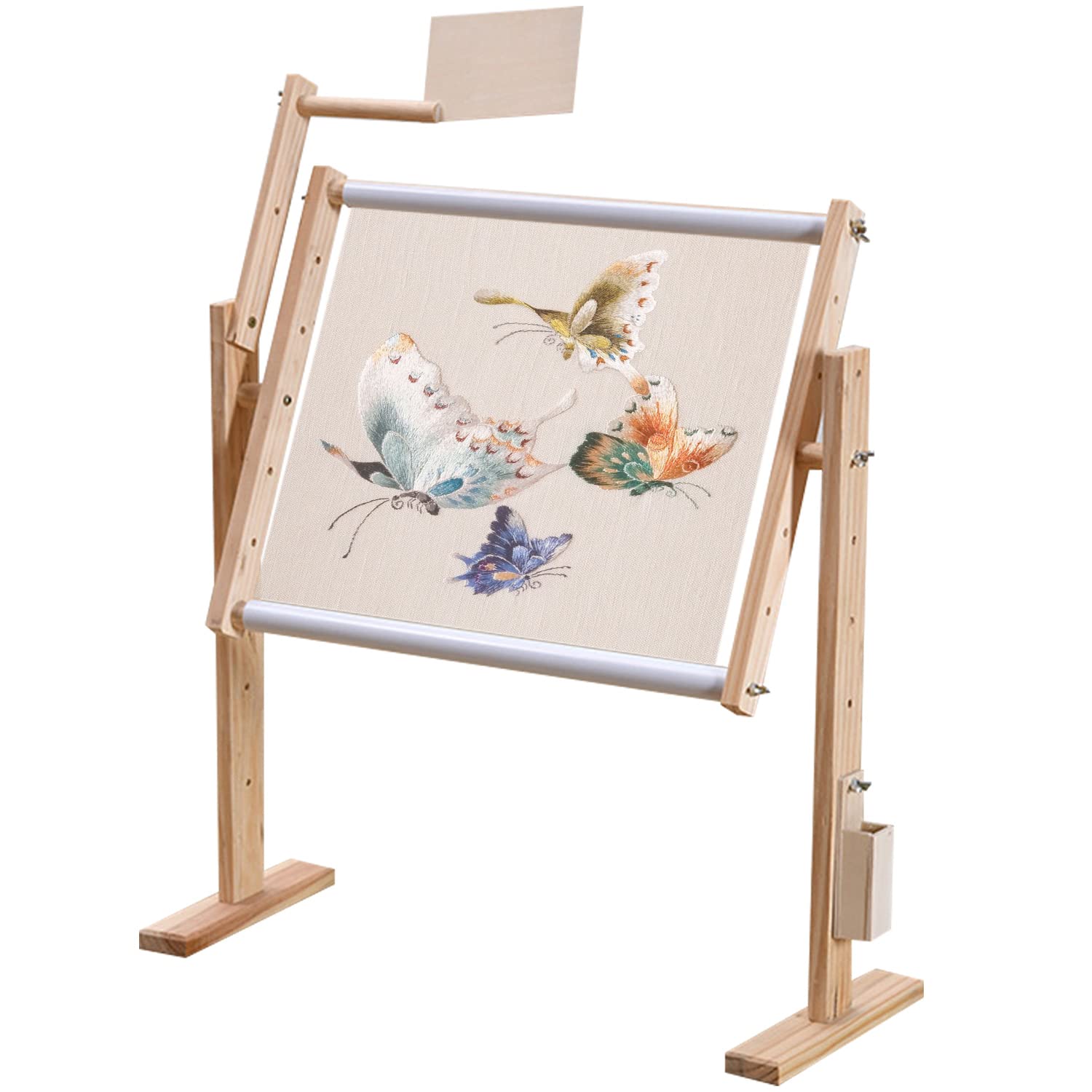 aleawol Adjustable Cross Stitch Frame Stand, Wooden Embroidery Frames , Floor Desktop Tapestry Quilting Frame Stand with 5 Adopted Height Level for Embroidery Lovers, 9CT