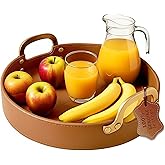 HOME ARCHIVE Stitched Round Leather Tray with Brass Handle Ideal for Serving Coffee Drinks Ottoman Tray for Office Home Kitchen Snack Counter Centerpiece Storage (Light Brown (14" x 14"))