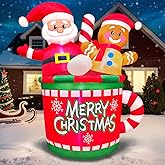 5FT Christmas Inflatables Outdoor Decorations, Gingerbread Man Santa Blow Up Yard Decorations Sitting in The Hot Cocoa Mug Scene with Built-in LEDs for Xmas Holiday Party Garden Lawn Décor