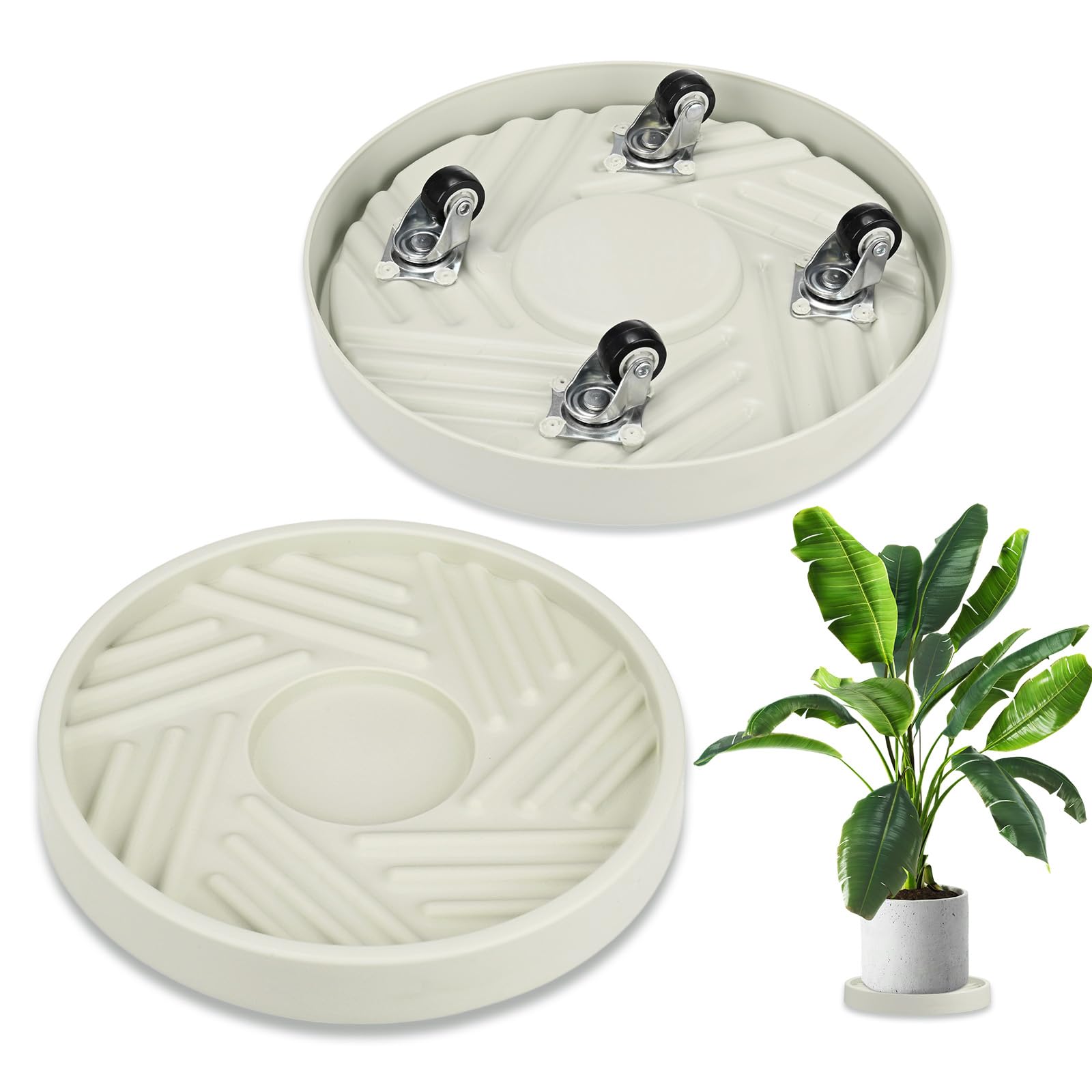 Photo 1 of M METERXITY 2PCS Round Planter Caddies, 10 Inches Plastic Plant Roller with Wheel, Plant Saucers for Indoors, Plant Stand for Flower Pots [Beige]