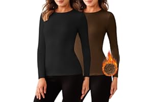 QOMEWA 2 Pack Women's Thermal Long Sleeve Shirts Slim Fit Thermal Underwear Lightweight Fleece Lined Base Layer Shirts