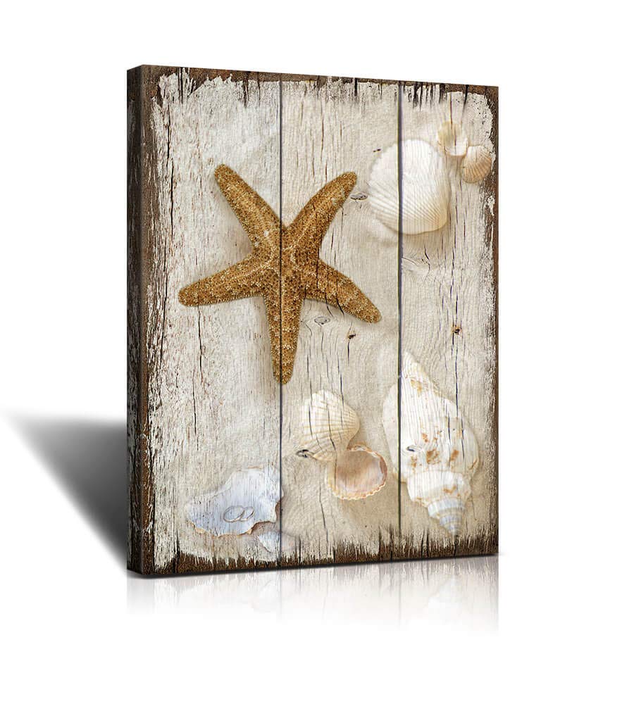 bathroom decor sea shells Vintage Beach Scene with Sea Life on The Sand Canvas Art Wall Decor to Hang for Home Bathroom Kitchen Office Decoration 12x16inchx1The bedroom wall art Marine themefor Bedroo