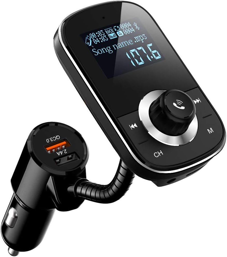 Bluetooth FM Transmitter QC3.0 Wireless FM Transmitter Car Radio Adapter Hands-free Talking Bluetooth Car Transmitter with 5V/2.4A Dual USB Charger and 3.5mm AUX Cable Support TF Card (Black)