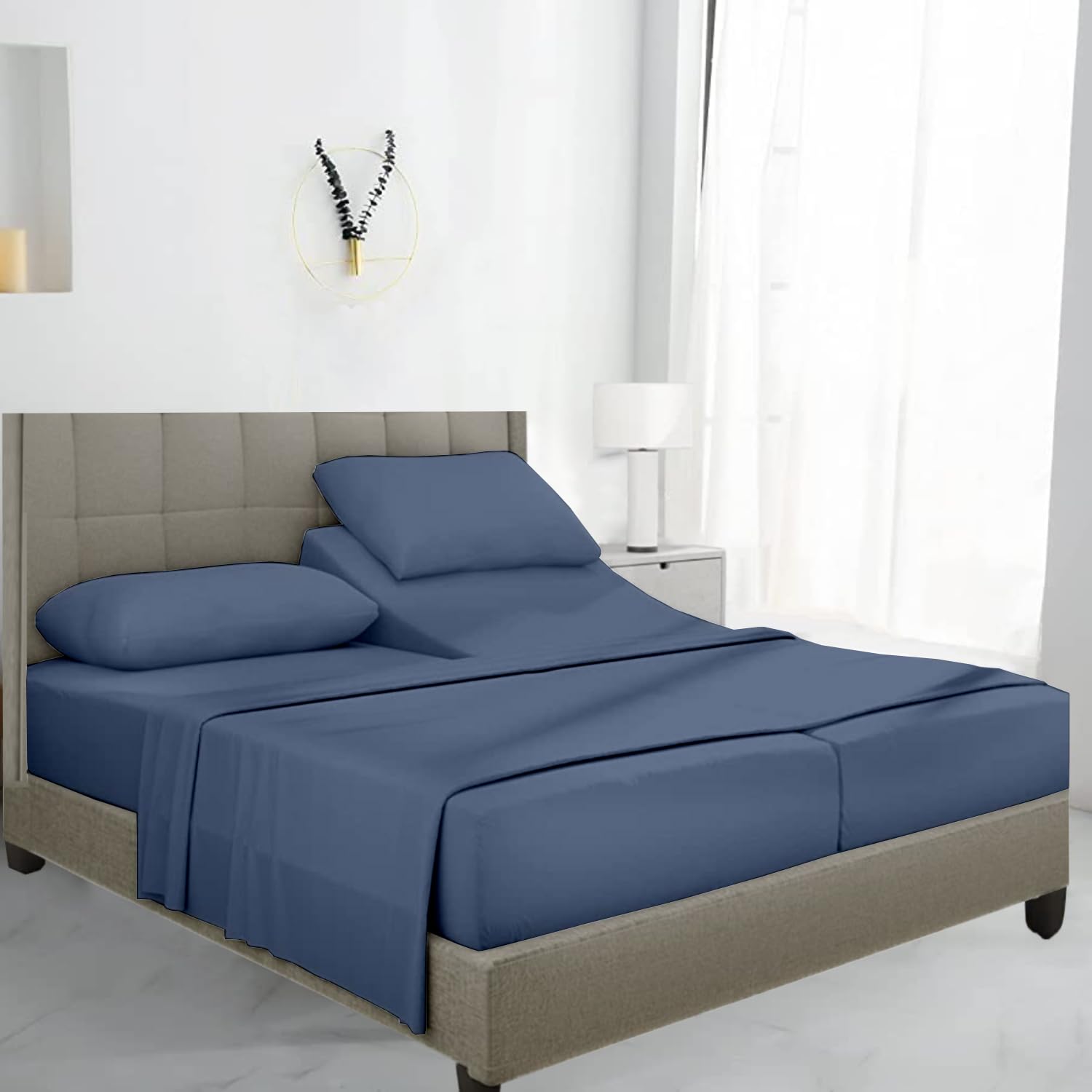 Photo 1 of Split California King Sheets Set - 100% Egyptian Cotton, 600 Thread Count - 5 PCs, Split Cal King Sheets Sets for Adjustable Beds - Luxury Soft Hotel-Quality Sheets with Sateen Weave - Medium Blue