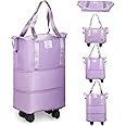VOOWO Rolling Duffle Bag, Expandable Foldable Carry On, Large Weekend Bag with Spinner Wheels, 28-58L, Purple
