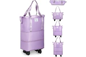 VOOWO Rolling Duffle Bag, Expandable Foldable Carry On, Large Weekend Bag with Spinner Wheels, 28-58L, Purple
