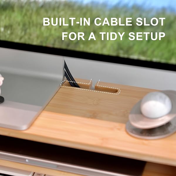 ROCDEER BAMBOO MONITOR STAND RISER WITH DRAWER, ERGONOMIC COMPUTER RISER FOR DESK WITH CABLE MANAGEMENT & STORAGE ORGANIZER, WOOD MONITOR STAND FOR HOME OFFICE