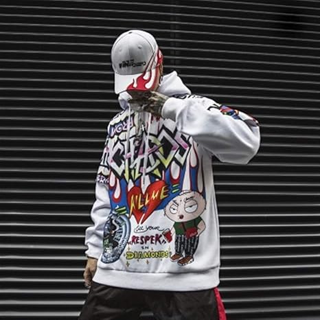 Amazon Co Jp Huanglihong Sjop フード付きのセーターの潮のブランドのメンズヨーロッパとアメリカのハイストリートヒップホップゆるいパーカーを印刷フルバージョン本体の落書き Color White Size S ホーム キッチン