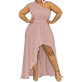 Ekaliy Women's Plus Size One Shoulder Dress Elegant High Low Irregular Hem Flowy Party Cocktail Maxi Dress