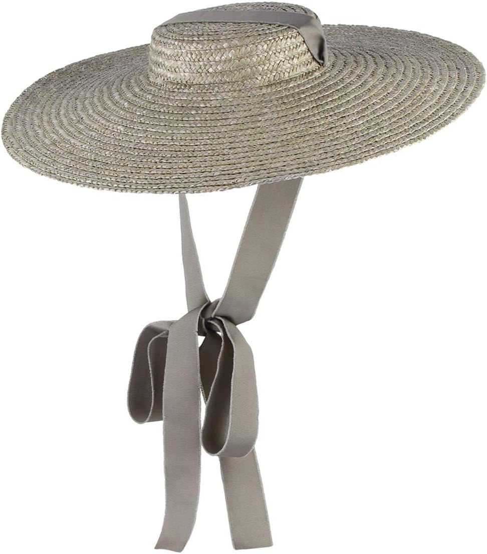 Jelord Women Ladies Vintage Straw Boater Hat Flat Top Wide Brim Floppy Derby Straw Hat Beach Sun Hats with Chin Strap