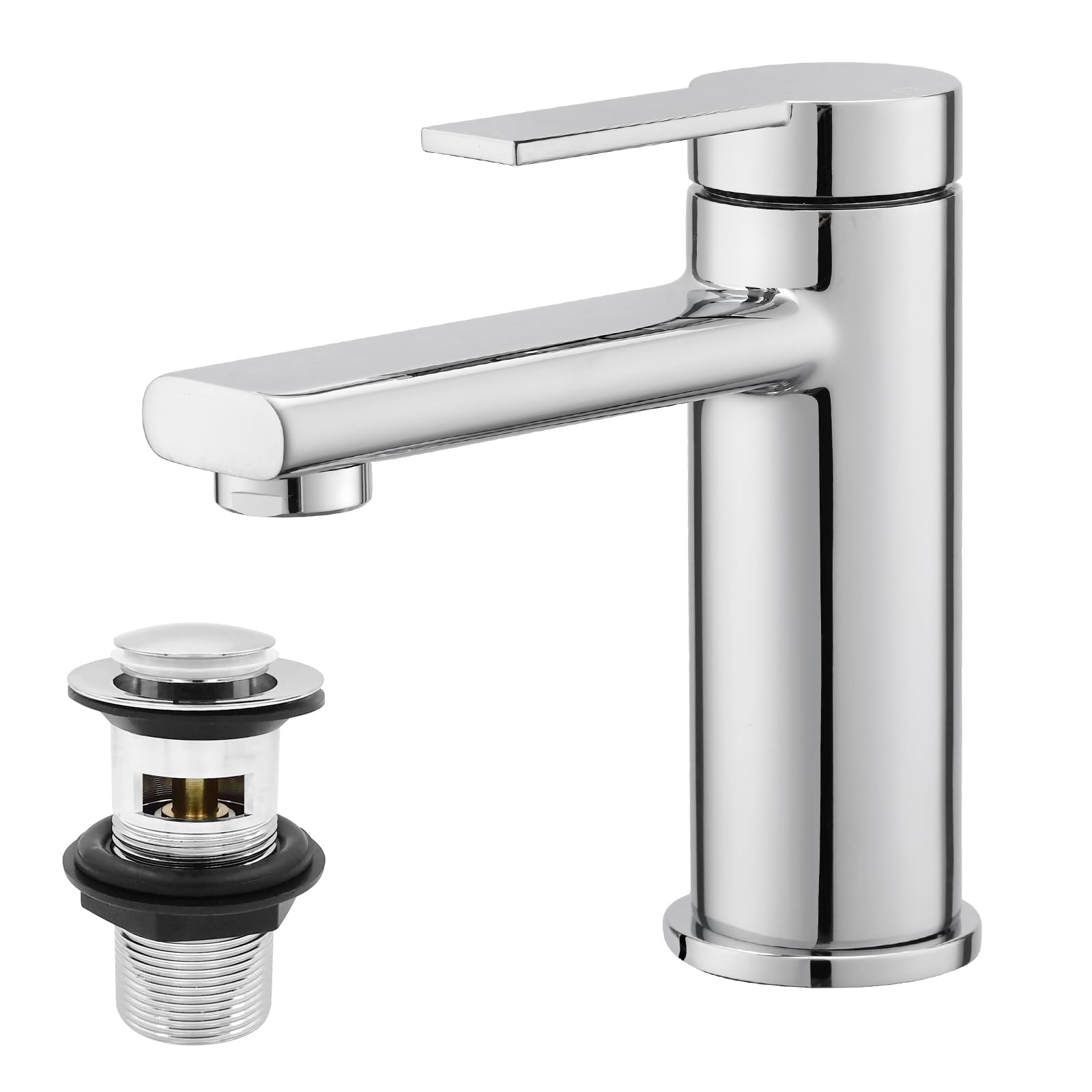 Bathroom Sink Taps with Drain, BATHWEST Chrome Brass Basin Mixer Tap with Pop Up Waste, Monobloc Single Handle Bathroom Taps with Waste 762CR