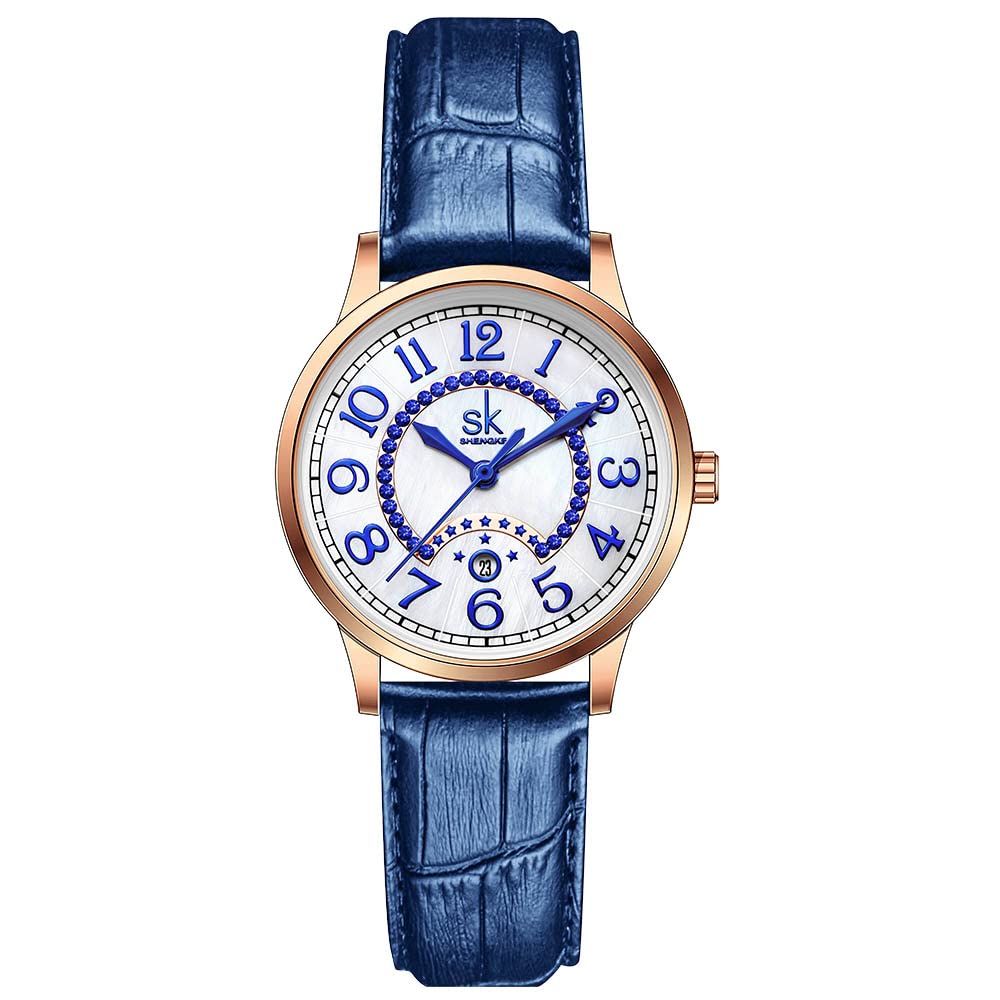 SHENGKE SK Business Classic Women Watch with Genuine Leather Stainless Steel Band Elegant Ladies Watch (Moonlight-Blue)