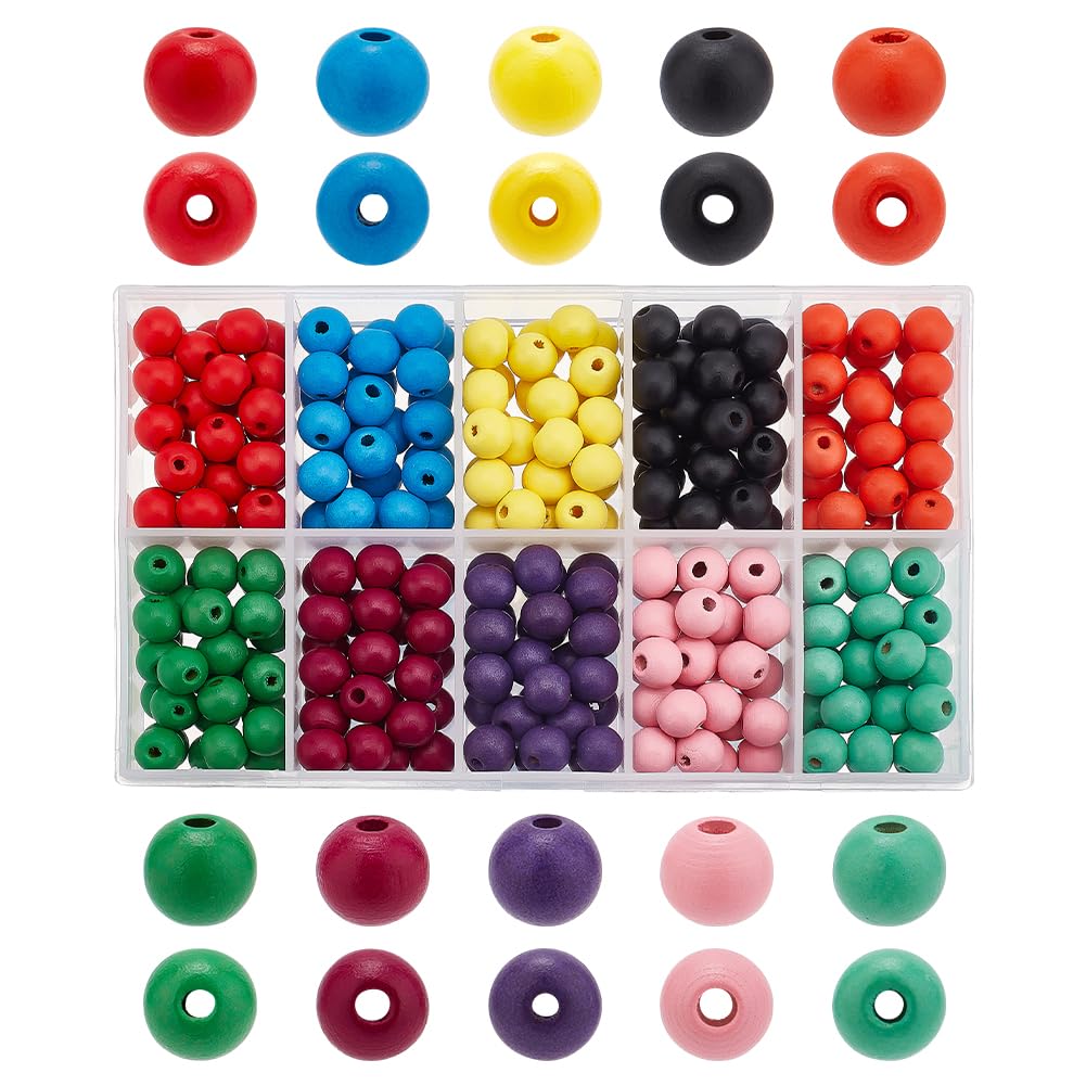 PandaHall 250pcs Colorful Wood Beads, 10mm Wooden Spacer Beads Large Hole Dyed Wooden Craft Hair Bead for DIY Crafting Braided Hair Bracelets Necklaces Keychains Jewellery Making, Hole 2~2.5mm