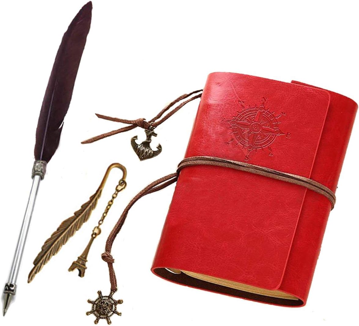 Refillable PU Leather Journal Notebook with Special Feather Ballpoint Pen and Bookmark, Unlined Paper Travel Diary Jotter, Handmade Leather Notepad, Vintage Art Sketchbook, Punk Cover (red)