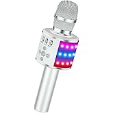 BONAOK Karaoke Microphone for Kids & Adults - Bluetooth Microphones Singing Mic with Disco Lights, Echo Effect, Built-in Speaker Portable Karaoke Player for Party Travel Gifts Q78(Silver)