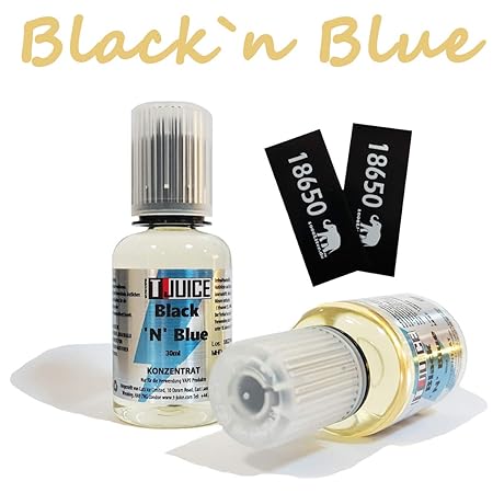 2 x 30ml Black n Blue Aroma von T Juice + 2 Akkusleeves OHNE Nikotin
