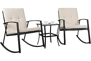 Shintenchi 3 Pieces Rocking Bistro Set Wicker Patio Outdoor Furniture, 2 Rattan Porch Chairs Conversation Sets with Glass Coffee Table (Beige)