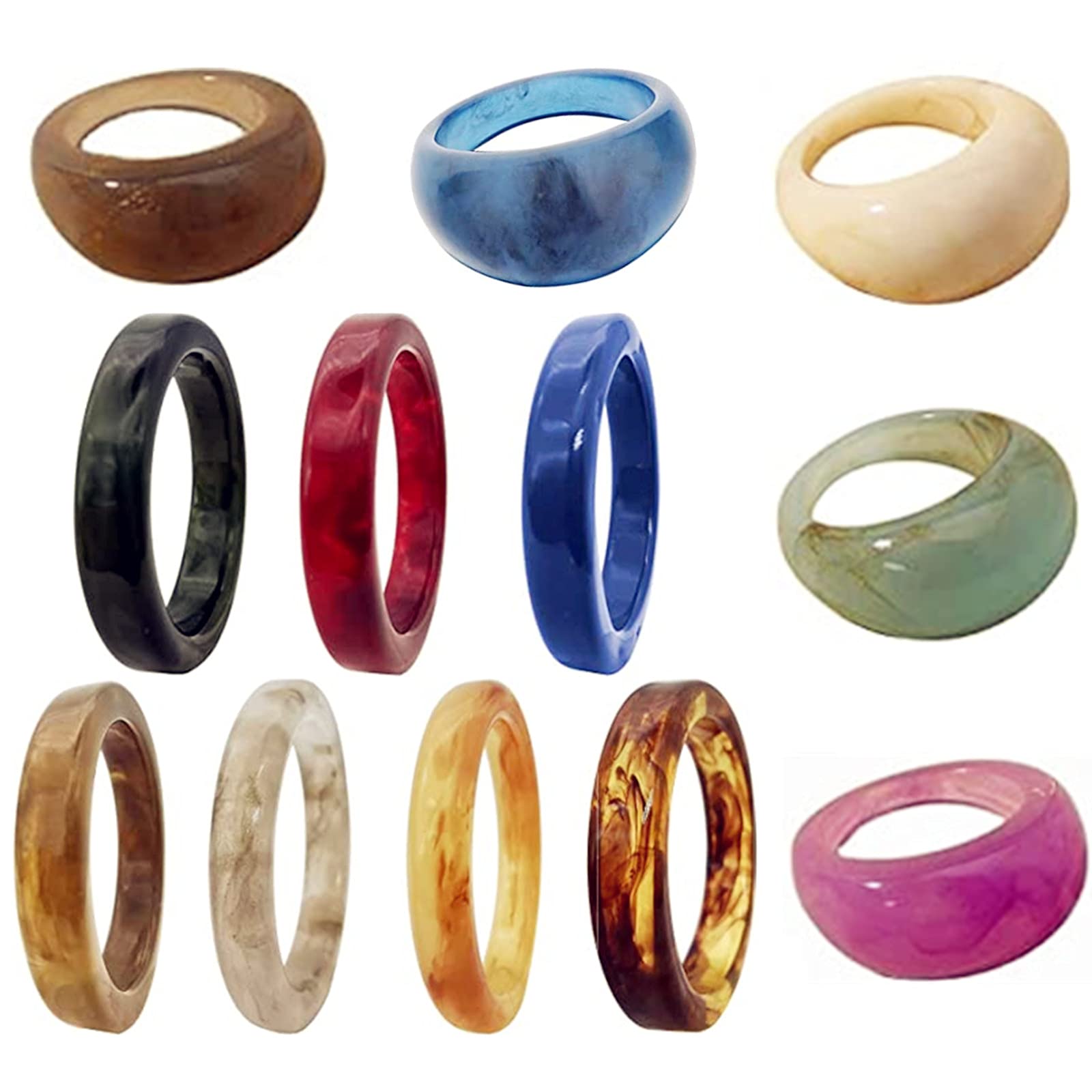 XHBTS 12 Pcs Resin Colorful Wide Thick Dome Knuckle Finger Stackable Joint Ring Retro Acrylic Transparent Vintage Jewelry Party Elegant Handmade Gift