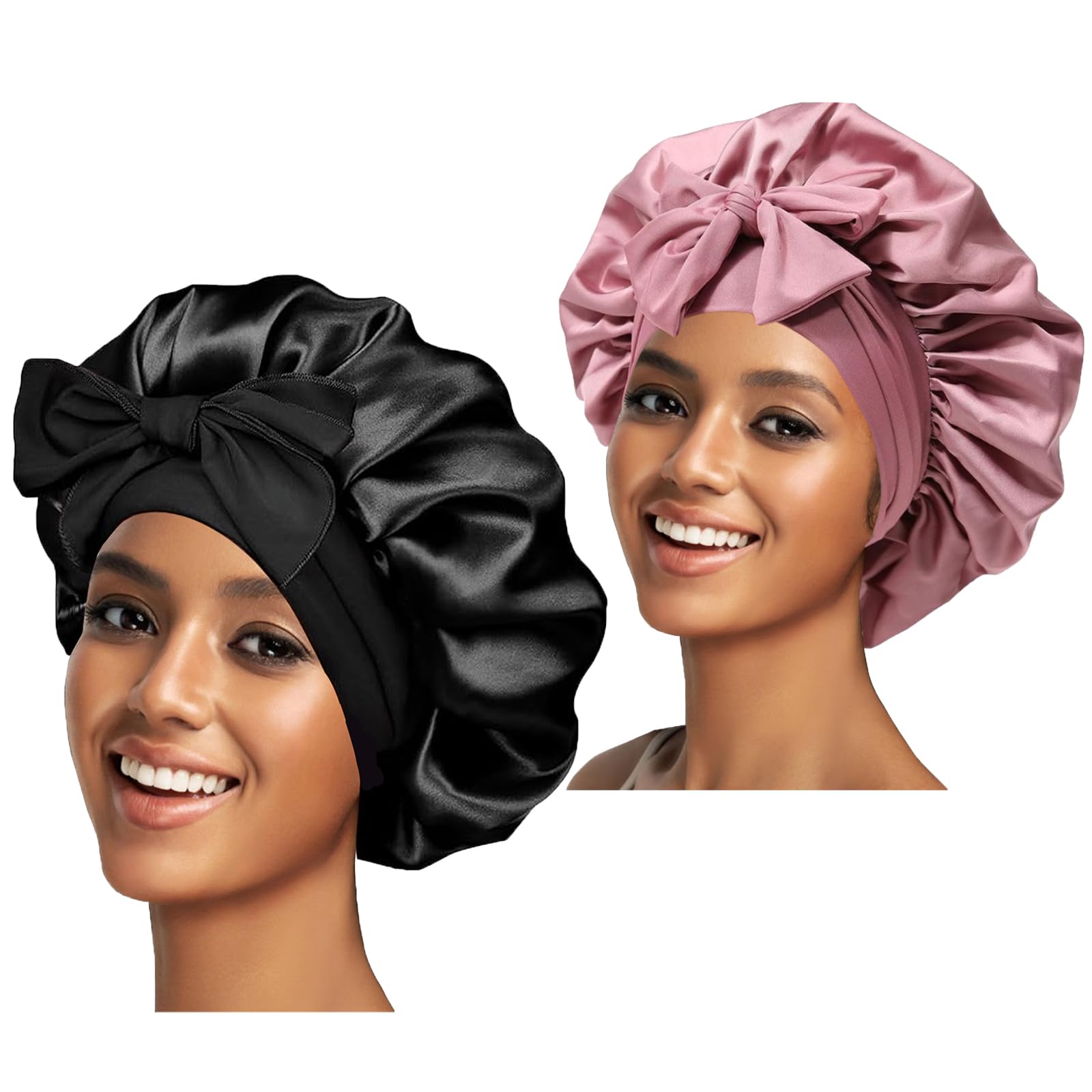Photo 1 of 2PCS Silk Bonnet for Women, Satin Bonnet for Sleeping, Large Sleep Cap with Elastic Tie Band for Curly Hair (Bean Paste Pink+Black)