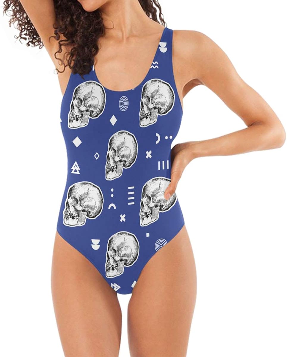 HHatt Womens Skull Goth One Piece Bikini Backless Monokini Bathing Suit
