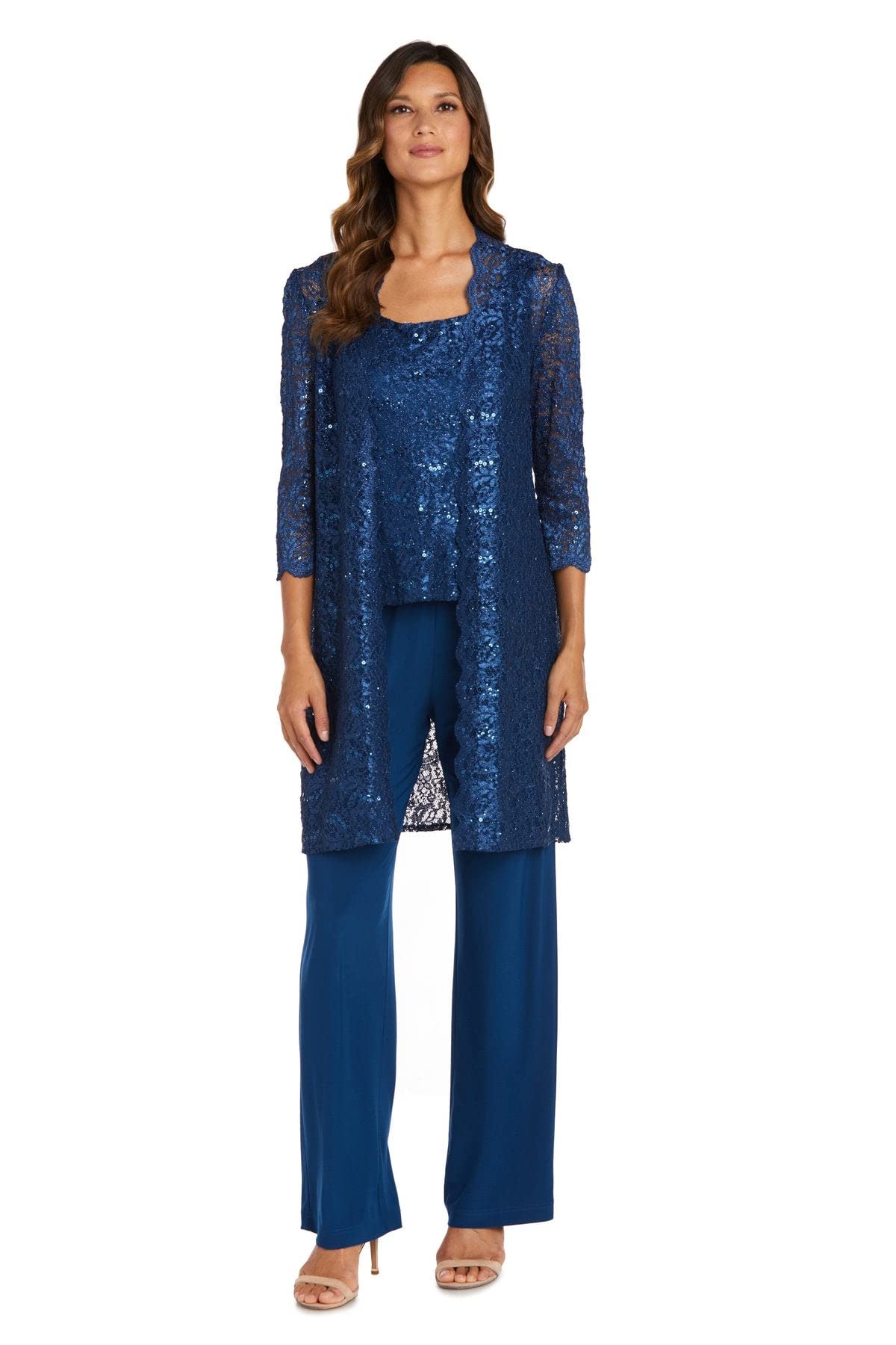 R&M Richards Women’s Plus Size Scallop Lace Duster Pant Set, Peacock, 22W