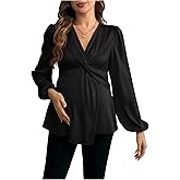 MakeMeChic Women's Maternity Tops Twisted V Neck Lantern Sleeve Peplum Shirts Pregnancy Work Clothes