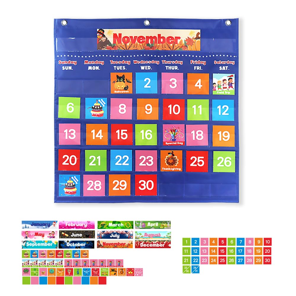zalati Calendar Pocket Chart Monthly Activity Planner with 88 Cards for Kids Education Learning Toy Classroom Festival Decoration