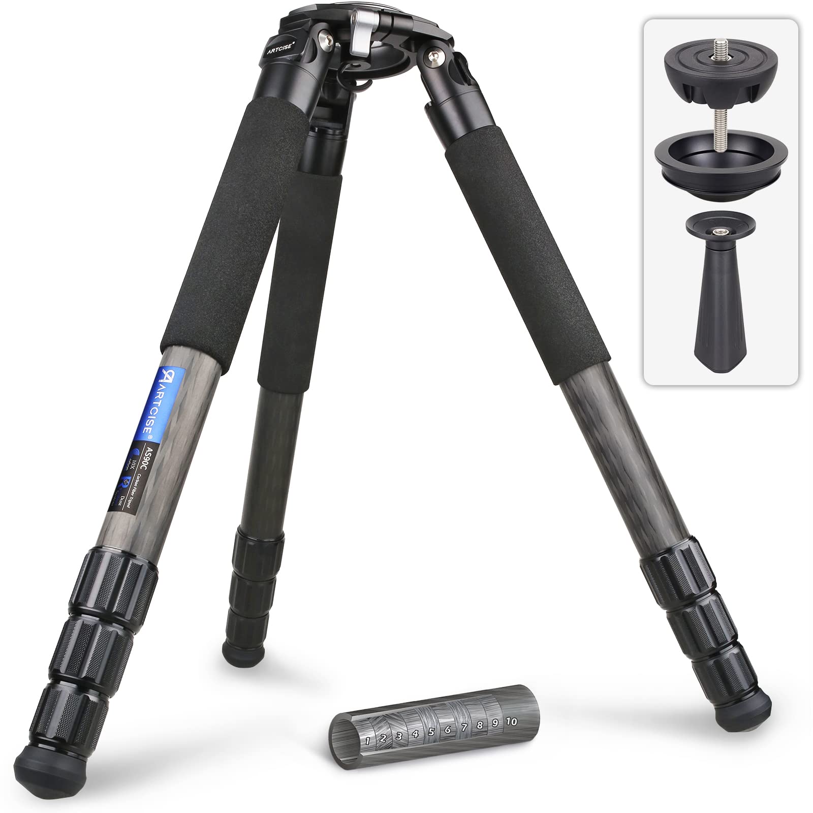 ARTCISE Carbon Fiber Camera Tripod, 40mm Leg Tube, 63 inch max height, 88lb/40kg Load, Compatible with Ball Head & Fluid Head, Ultra Stable, 4-Section Legs, 2.72kg, Black/Grey