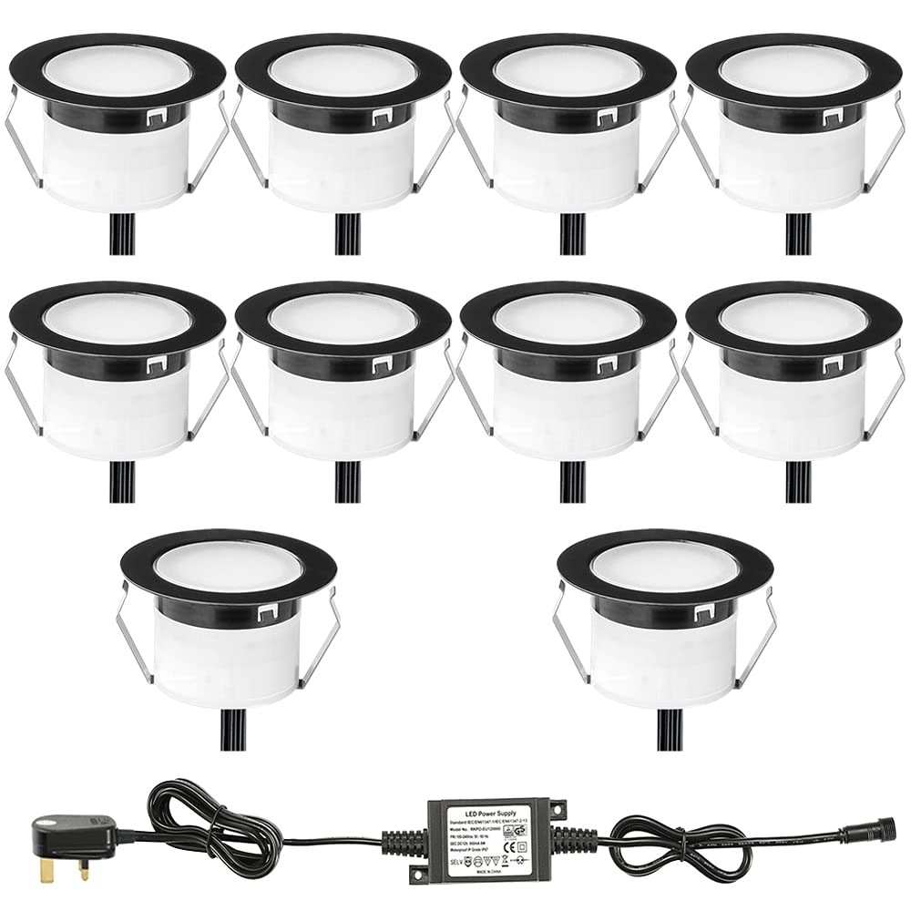 INDARUN Warm White Led Decking Lights Waterproof IP67 Ø45MM 12V 1W - Led Plinth Light Kits for Terrace/Patio/Path/Wall/Garden/Decoration, 10 Packs