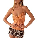 TERIVEEK Women Y2K Sequin Cami Top Sexy Low Cut V Neck Open Back Tank Summer Cute Sparkle Criss Cross Straps Crop Halter Tops