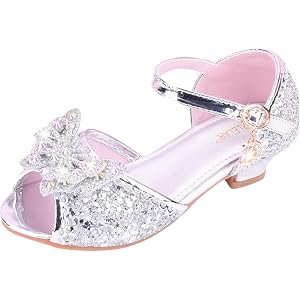 Girls Glitter Crystal Shoes Princess Open Toe Heels Bridesmaid Wedding Party Bow Strap Dress Shoes Pageant Footwear
