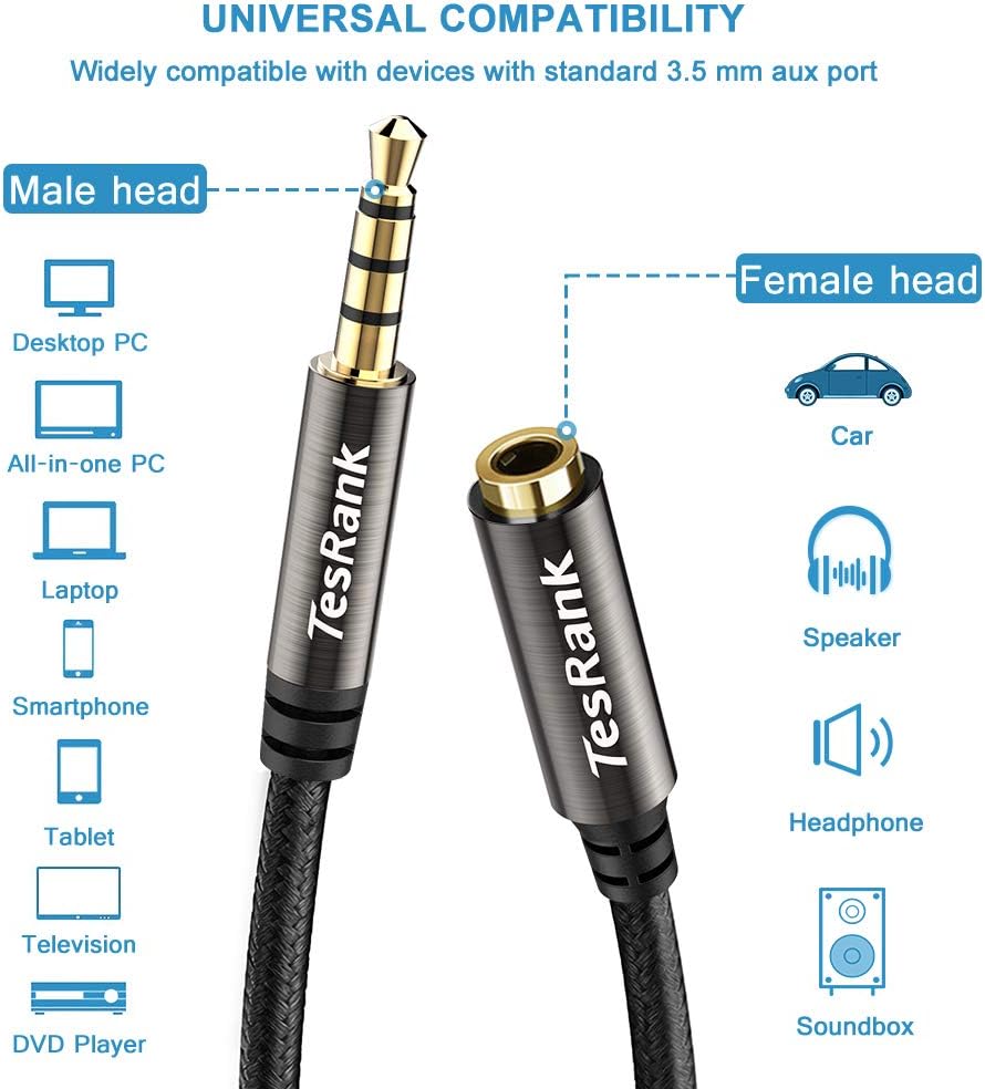 TesRank 3.5mm Audio Extension Cable 4-Pole Male to Female Nylon Aux Extension Lead Braid Cord for Headphones/TV/Laptop/Phones/Nintendo Switch/Car/PS4/Xbox - Image 3