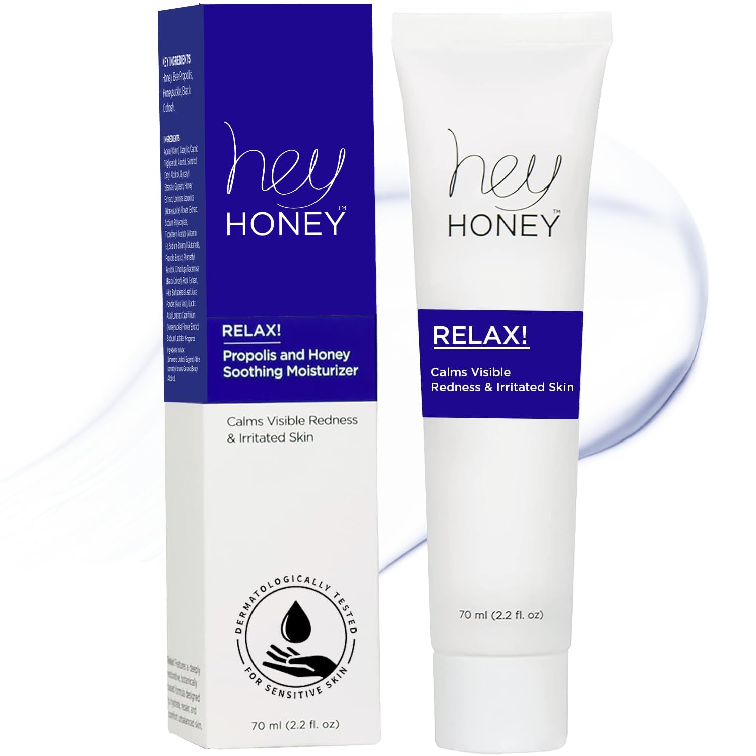 Hey Honey Skincare Relax - Instant Rosacea Relief Cream for Sensitive Skin | Calming Face Moisturizer for Facial Redness & Irritation | Dermatologist Tested, Oil-Free with Honey & Propolis | 2.2 Oz
