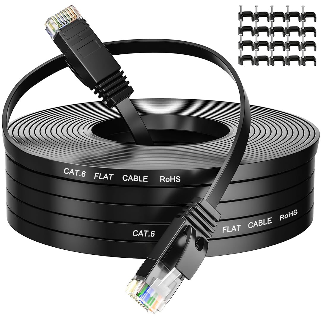 MEIPEK Long Ethernet Cable 20m, Cat 6 Flat Lan Cable 20 Meters Slim Internet Cable 20m High Speed Thin Rj45 Wlan Wifi Cable Black 65ft for Router Modem Switch TV Box PC PS4/3/5
