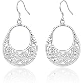 Elaximn 925 Sterling Silver Filigree Dangle Earrings for Women, Hypoallergenic Silver Teardrop Filigree Drop Dangle Earrings Lightweight Butterfly Flower Jewelry Gifts for Weddings, Sensitive Ears