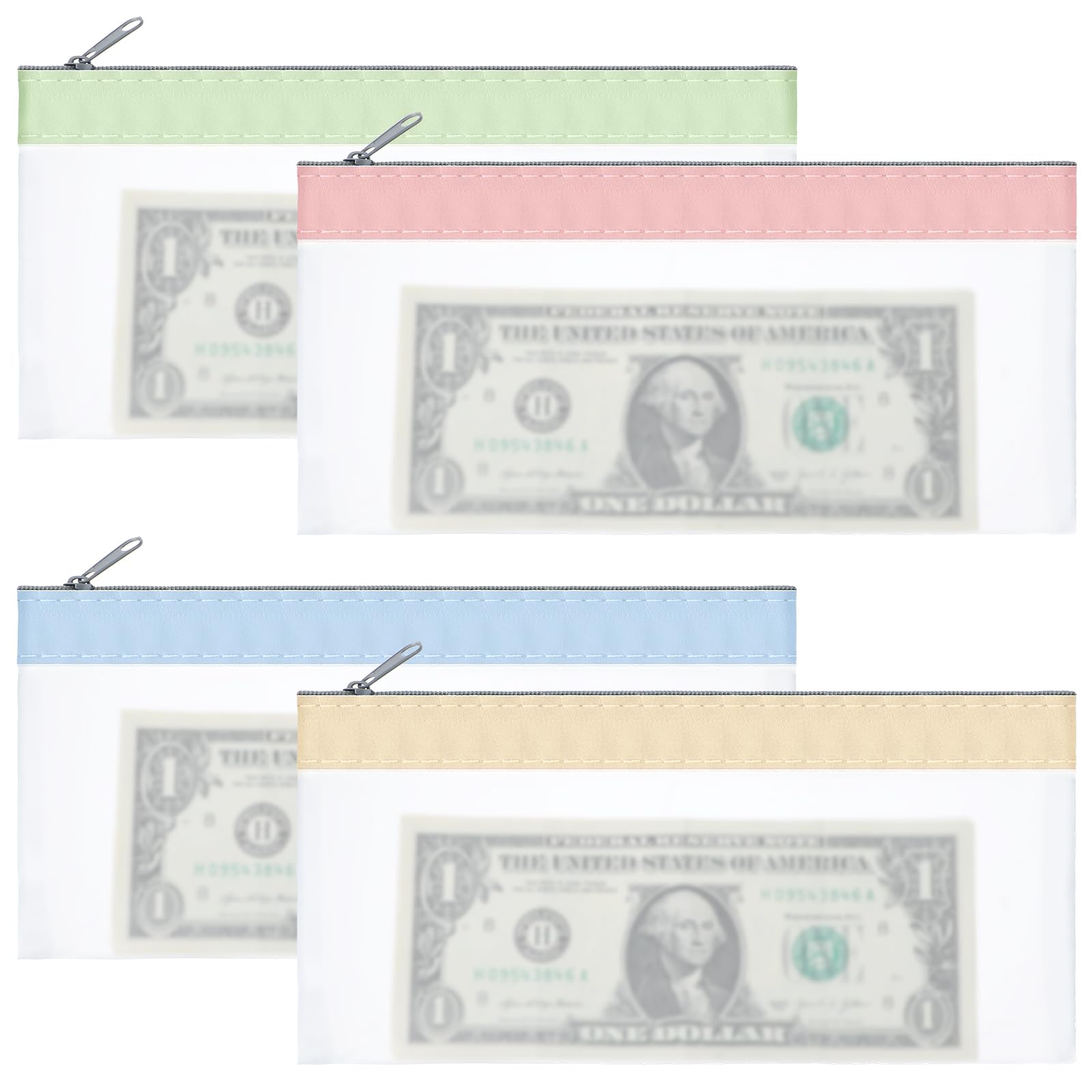 4 Pack Plastic Zip Wallets 20X10cm Clear Money Bags with Zipper, 4 Colors Money Envelopes Multi Purpose Cash Pouch Wallet for Bank Deposits, Coin Storage, Check Wallets Collectors and Bank Tellers