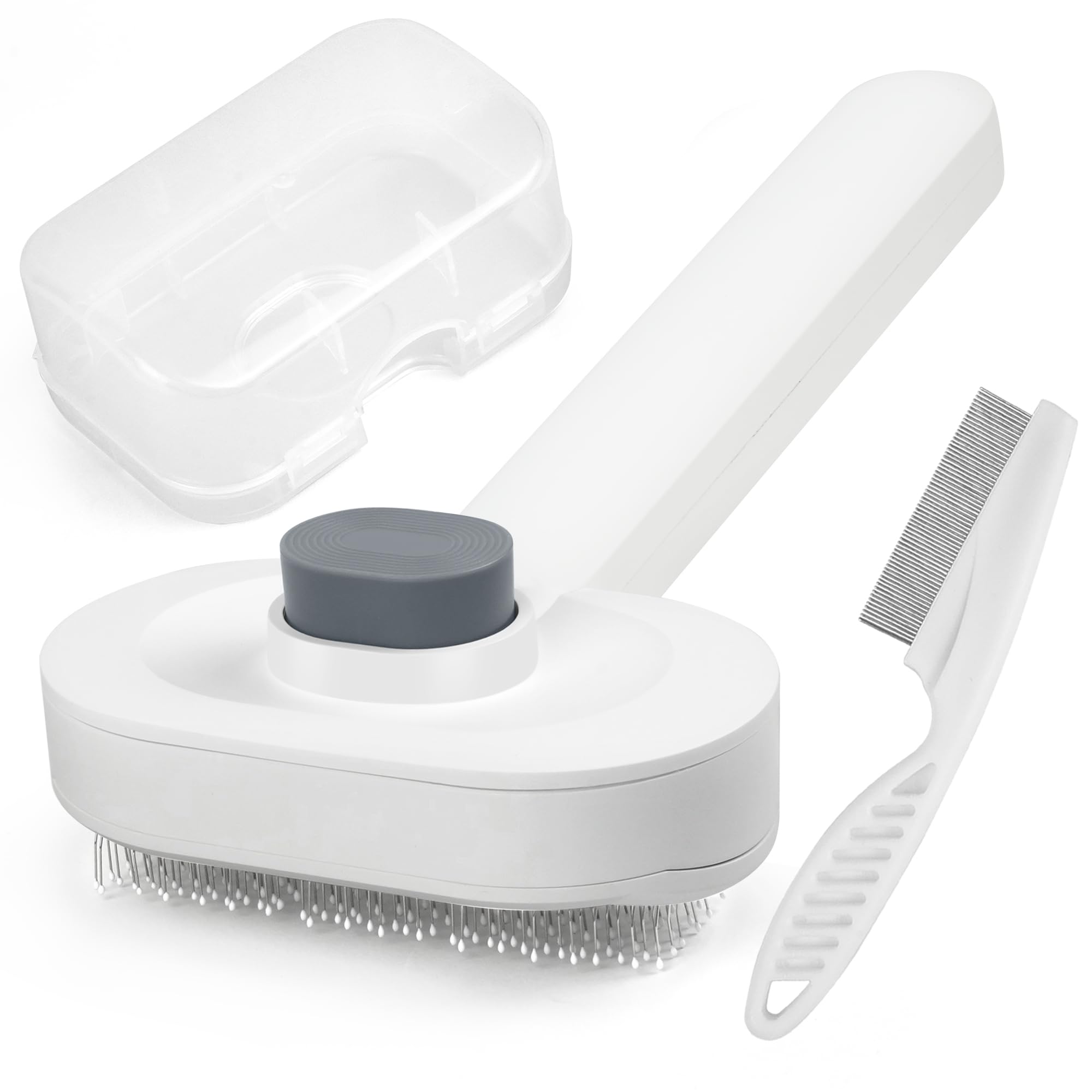 Photo 1 of Soft Cat Brush for Indoor Cats Shedding with Protective Case, Flea Comb Included, Self-Cleaning Slicker Brush for Cats, Sensitive Cat Pet Hair Removal Tools Grooming Supplies