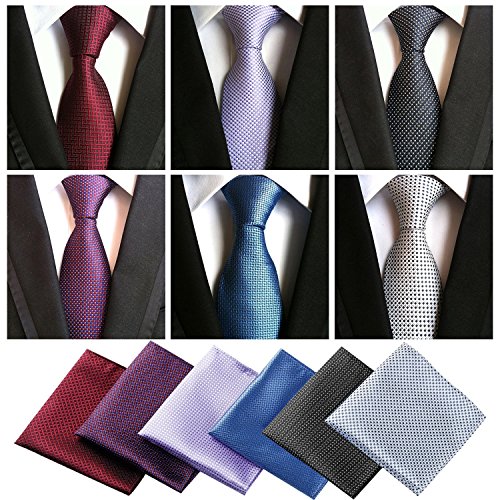 Lot 6 Pcs Mens Ties and 6 Free Matching Pocket Squares, Men's Classic Tie Necktie Woven Jacquard Neck Ties Gift box packing (6+6 style 05) - Thumbnail 7