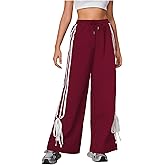 WDIRARA Women's Side Striped Bowknot Track Streetwear Pant Drawstring Waist Wide Leg Long Pants Workout
